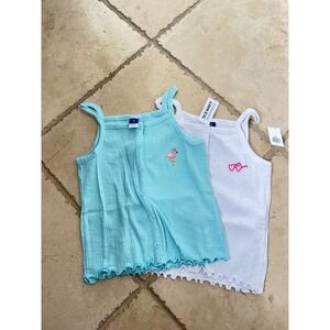 NEW Old Navy Girls M/8 Ribbed Tank Top 2-Pack Flamingo Heart Sunglass Blue White